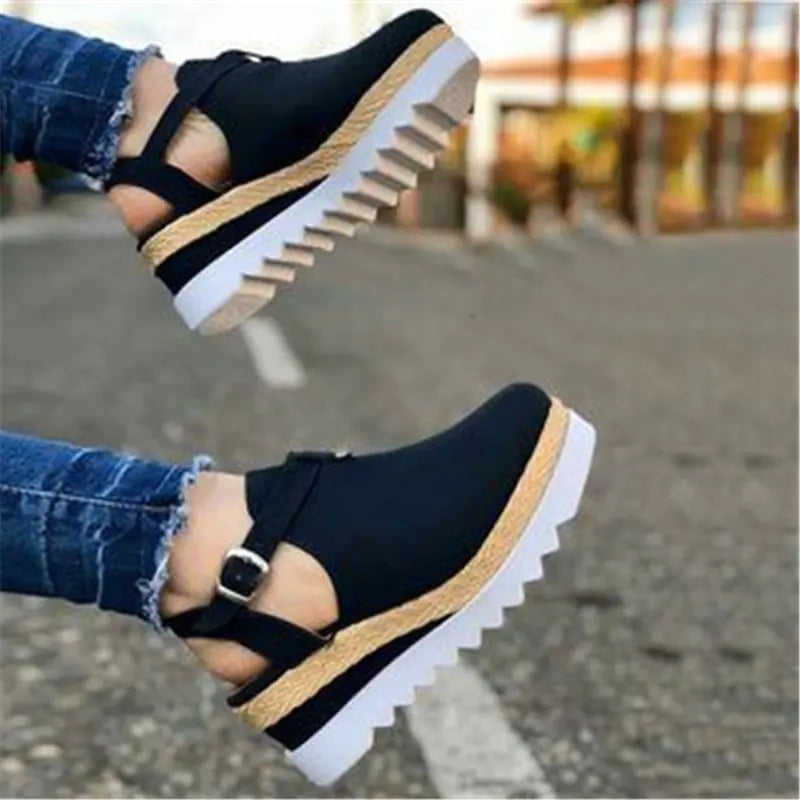 Trendy Attic Store01 women's wedge heel platform shoes with open toes and ankle straps on a neutral background.