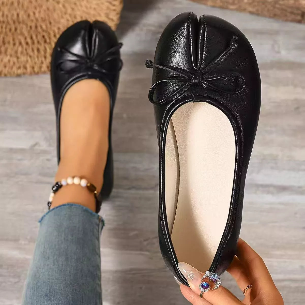 Plush Fashion Hub Bow Decor Split Toe Slip-On Shoes with stylish bow detail and split toe design, suitable for casual wear.