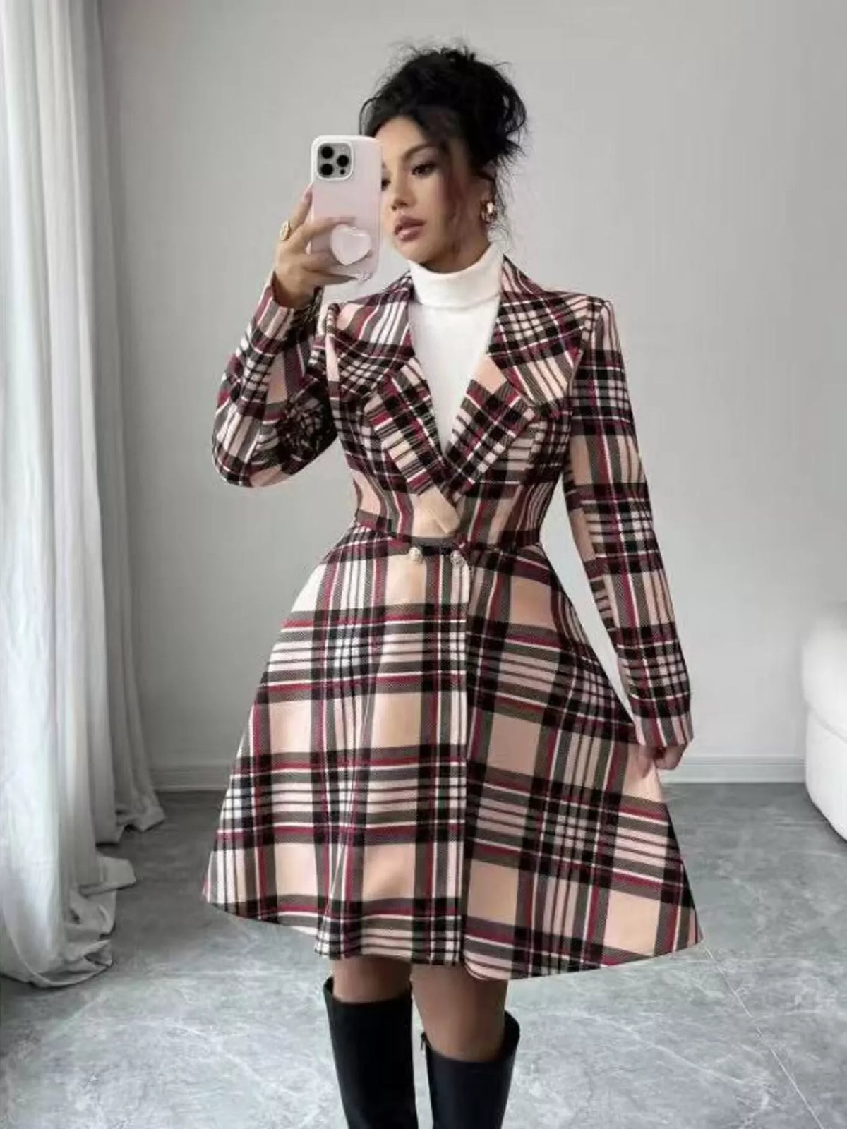 Simply Love plaid button-up long sleeve coat with classic checkered pattern and tailored fit, perfect for casual or layered outfits.