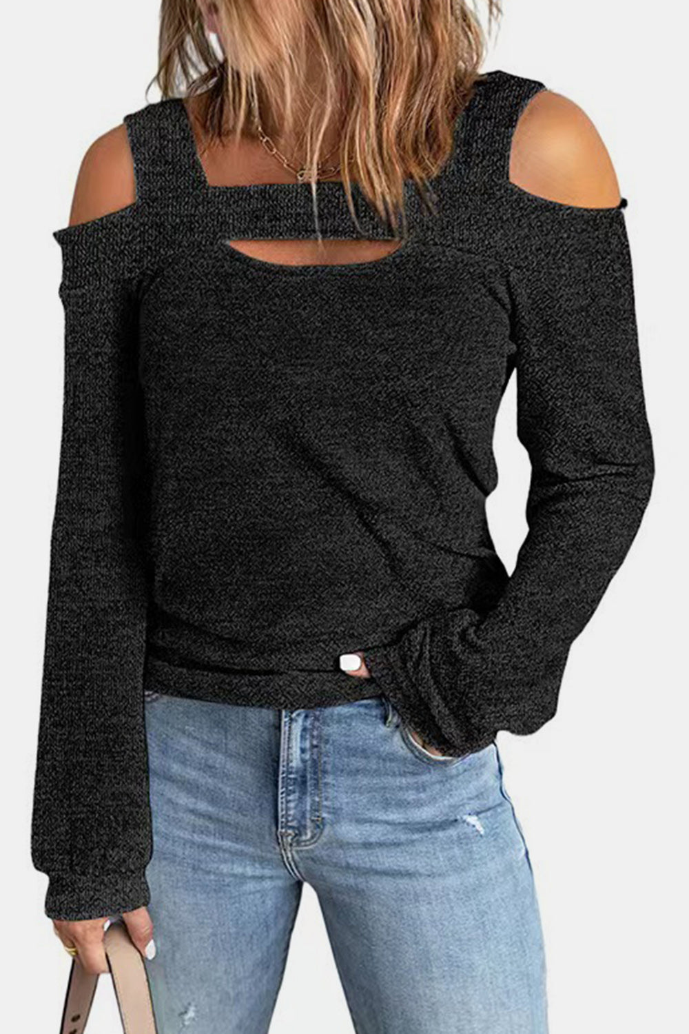 Elegant women's cold shoulder polyester blouse from Plush Fashion Hub, featuring cutout design and stylish top details.
