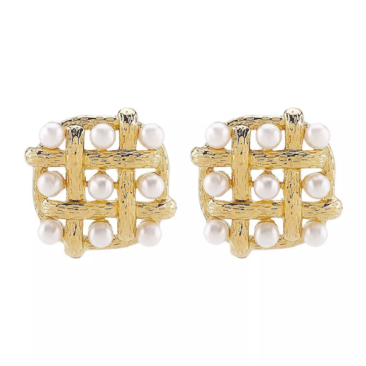 Pearl grid square stud earrings by Plush Fashion Hub featuring elegant white pearls on a sleek square design.