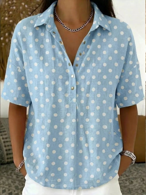 Plus size polka dot short sleeve shirt from Trendsi, full size tops with a stylish, casual polka dot pattern.