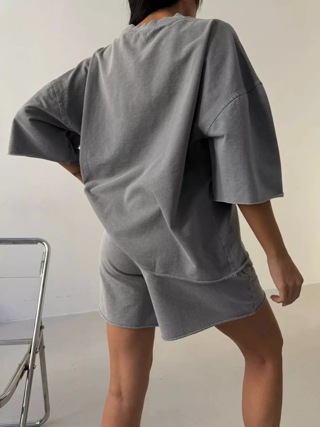 Vintage wash oversized lounge tee and shorts set by Plush Fashion Hub, featuring a relaxed fit and casual style.