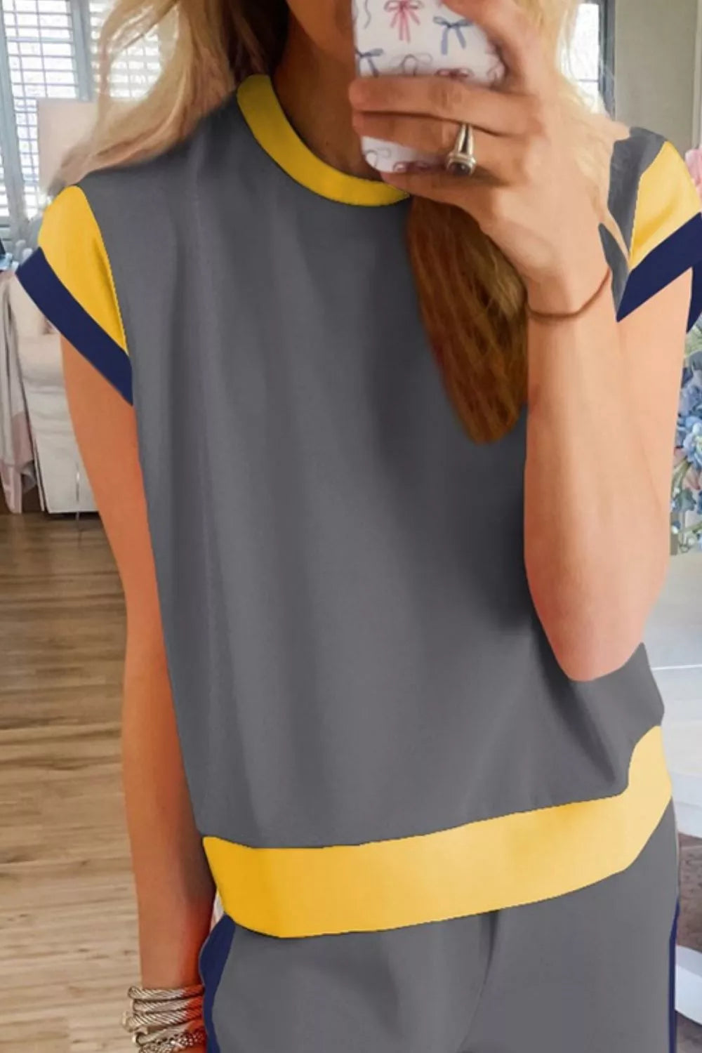 Contrast trim top and pants set by Plush Fashion Hub, two-piece outfit featuring a stylish contrast detail on top and matching pants.