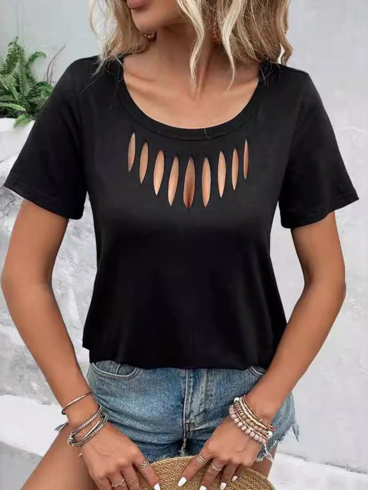 Black hollow out neckline short sleeve T-shirt from Plush Fashion Hub, showcasing a stylish, casual tops design.