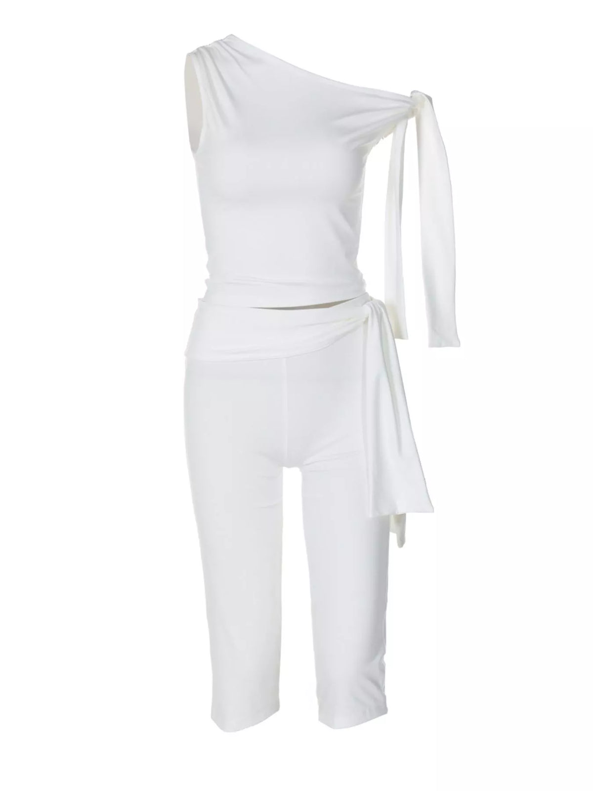 Plush Fashion Hub tied one-shoulder top and matching capris set, stylish casual wear, shown in a natural pose.