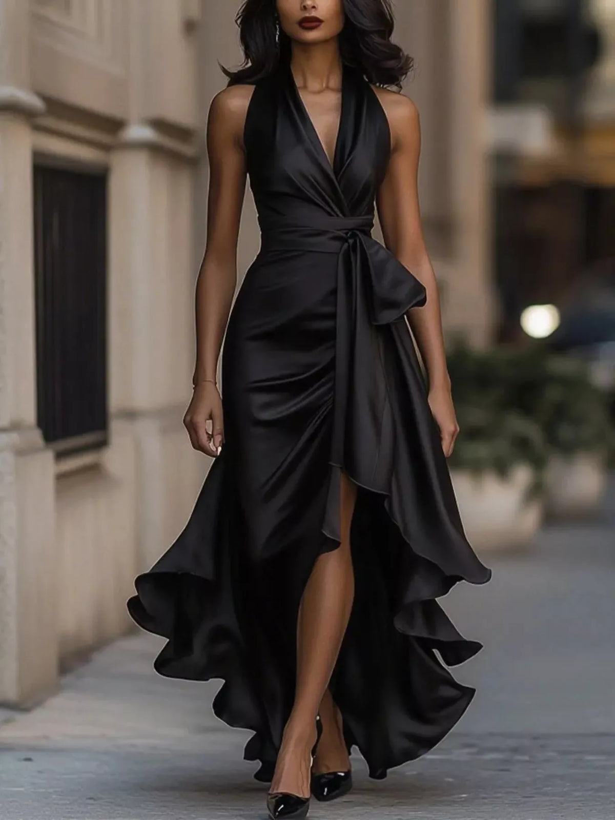 Plus size high-low ruffled satin maxi dress by Plush Fashion Hub, featuring elegant flowing fabric and stylish design.