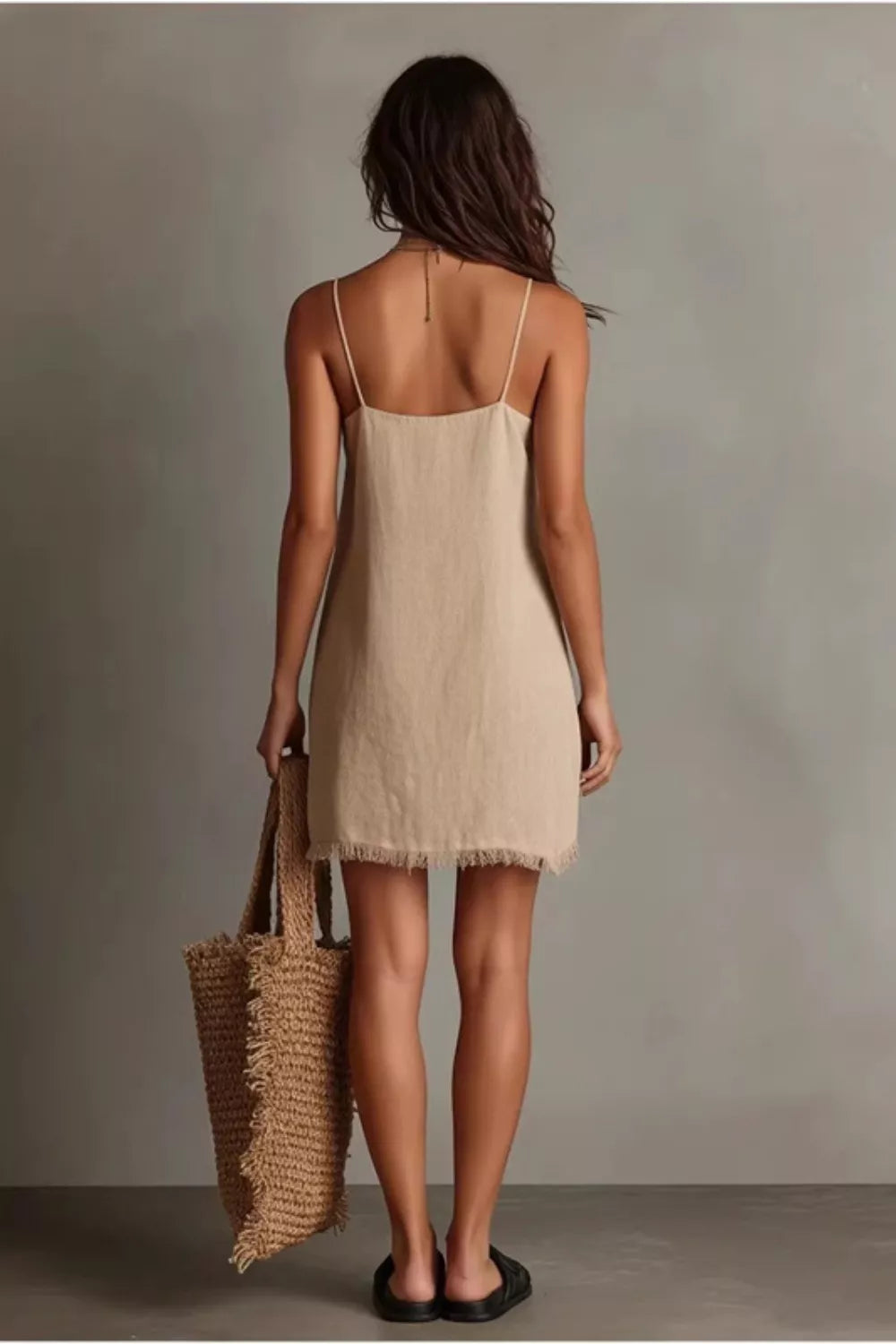 Plus size fringe V-neck cami dress by Plush Fashion Hub featuring a full-length design with flowing fabric and stylish fringe details.