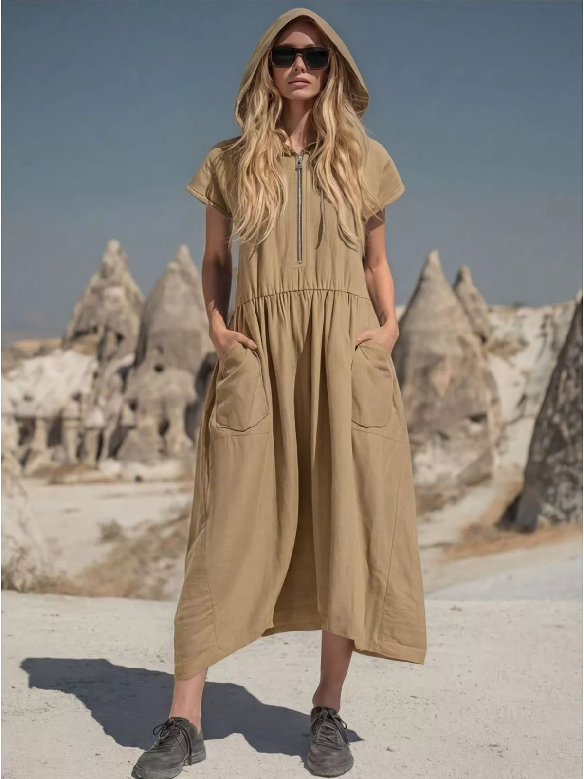 Plus size full zip hooded midi dress with pockets from Plush Fashion Hub, featuring a comfortable fit and casual style.