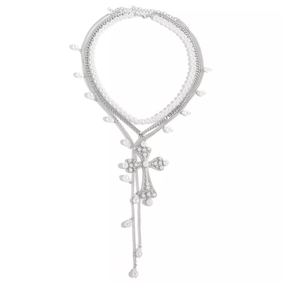 Three-piece pearl cross pendant necklace set featuring elegant jewelry with pearl and cross designs, perfect for stylish accessories.