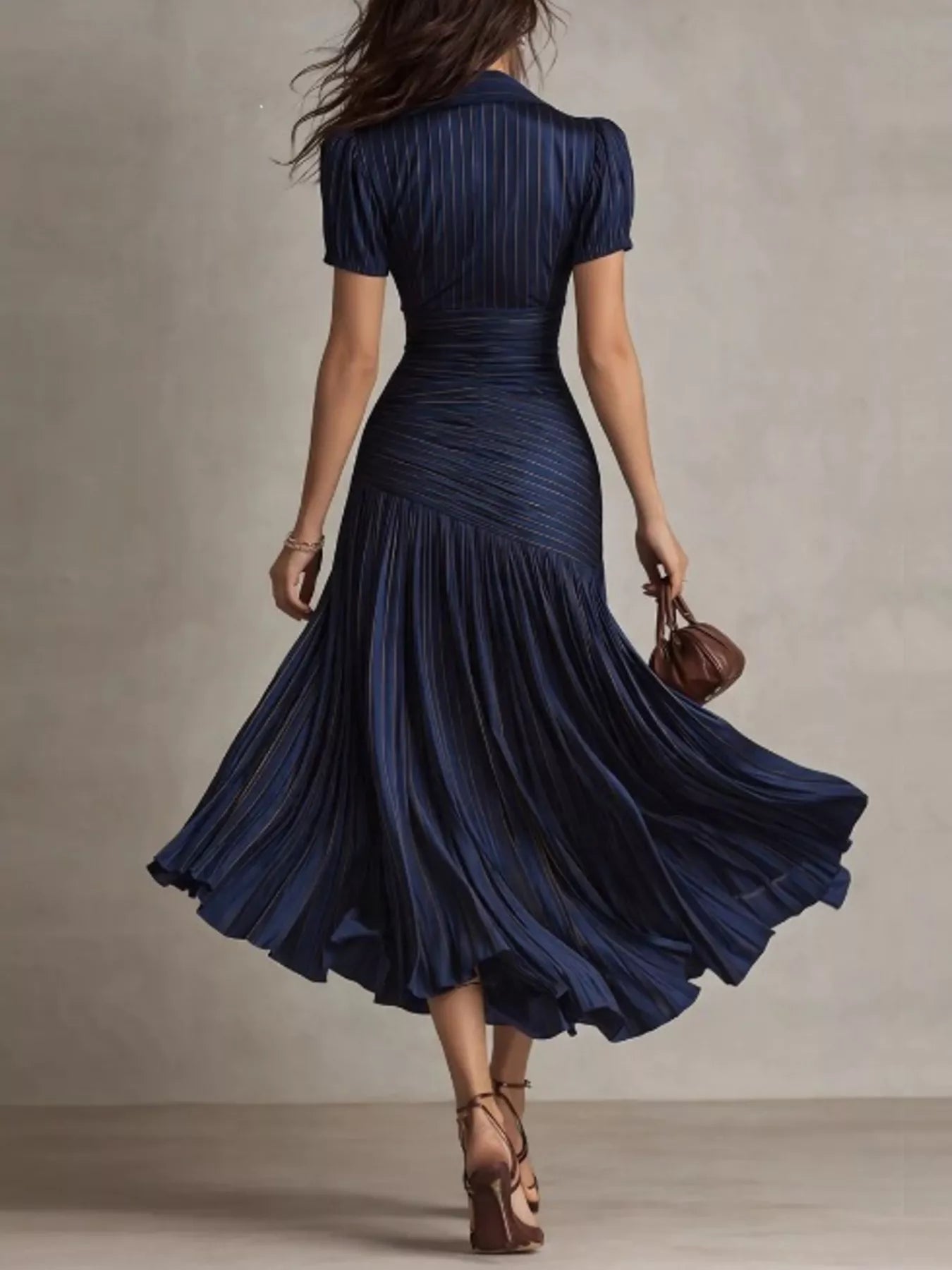 Striped pleated short sleeve midi dress by Trendsi, featuring a flowy design and stylish pattern, perfect for casual or semi-formal wear.