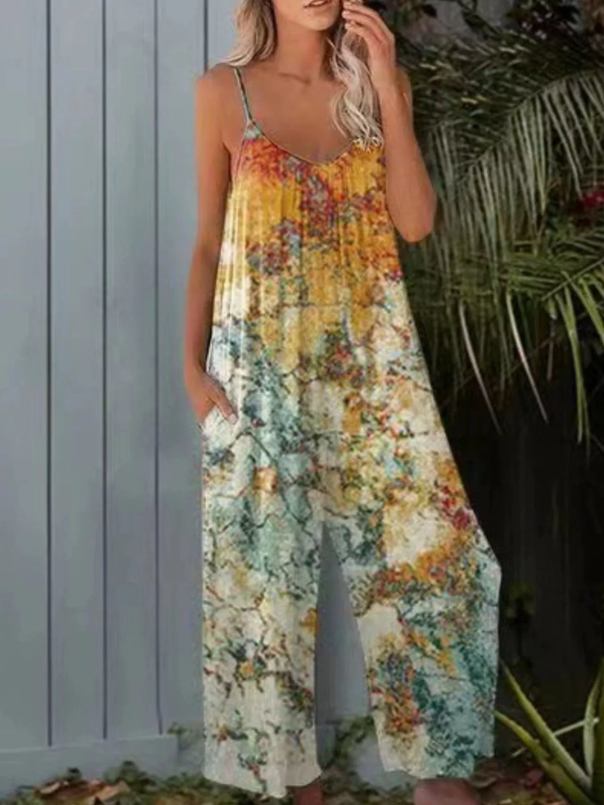Plus size tie-dye wide leg jumpsuit by Plush Fashion Hub featuring a full-length design and comfortable fit.