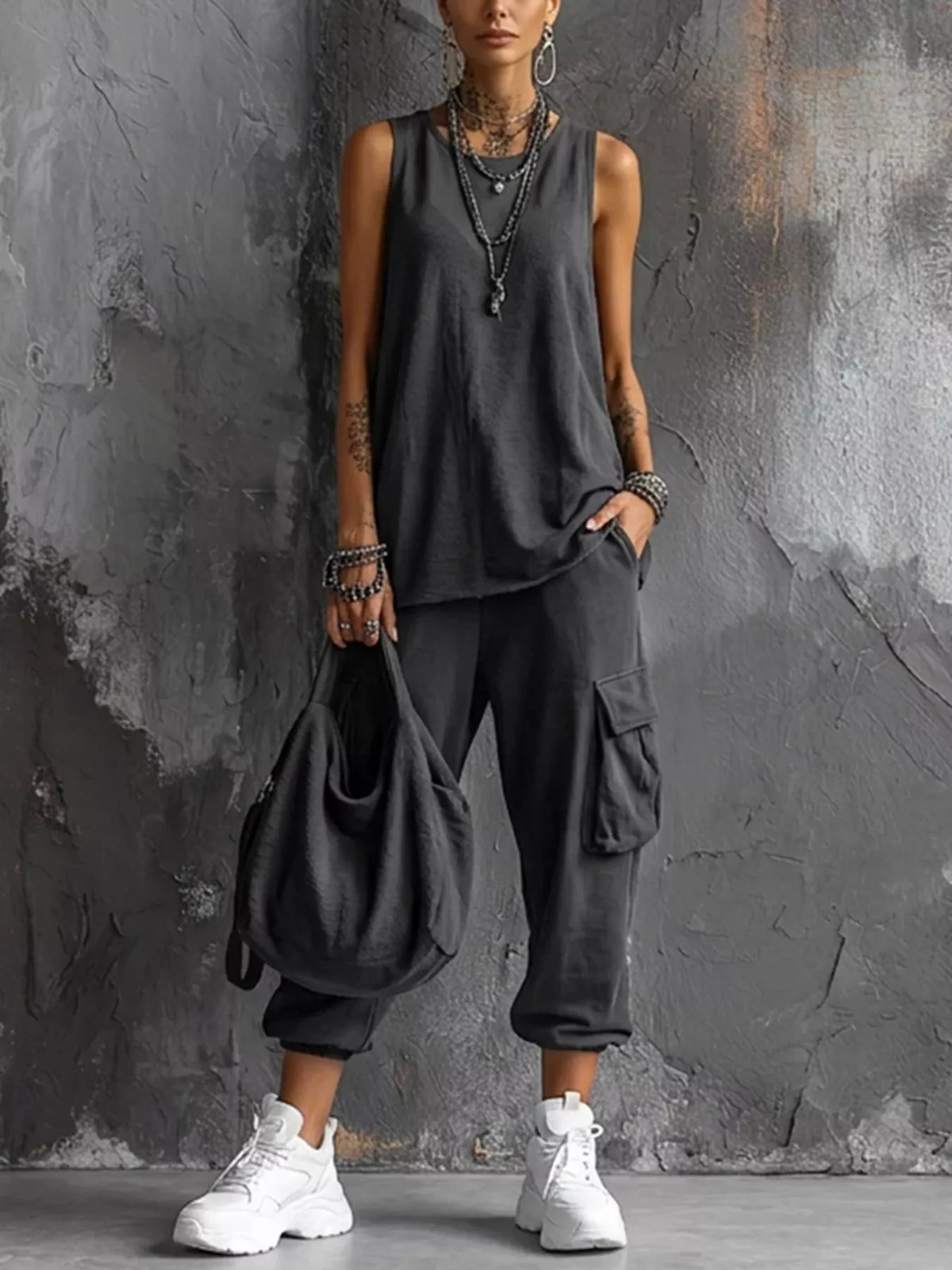 Plus size casual tank top and cargo pants set by Trendsi, featuring a comfortable full-size outfit for relaxed everyday wear.