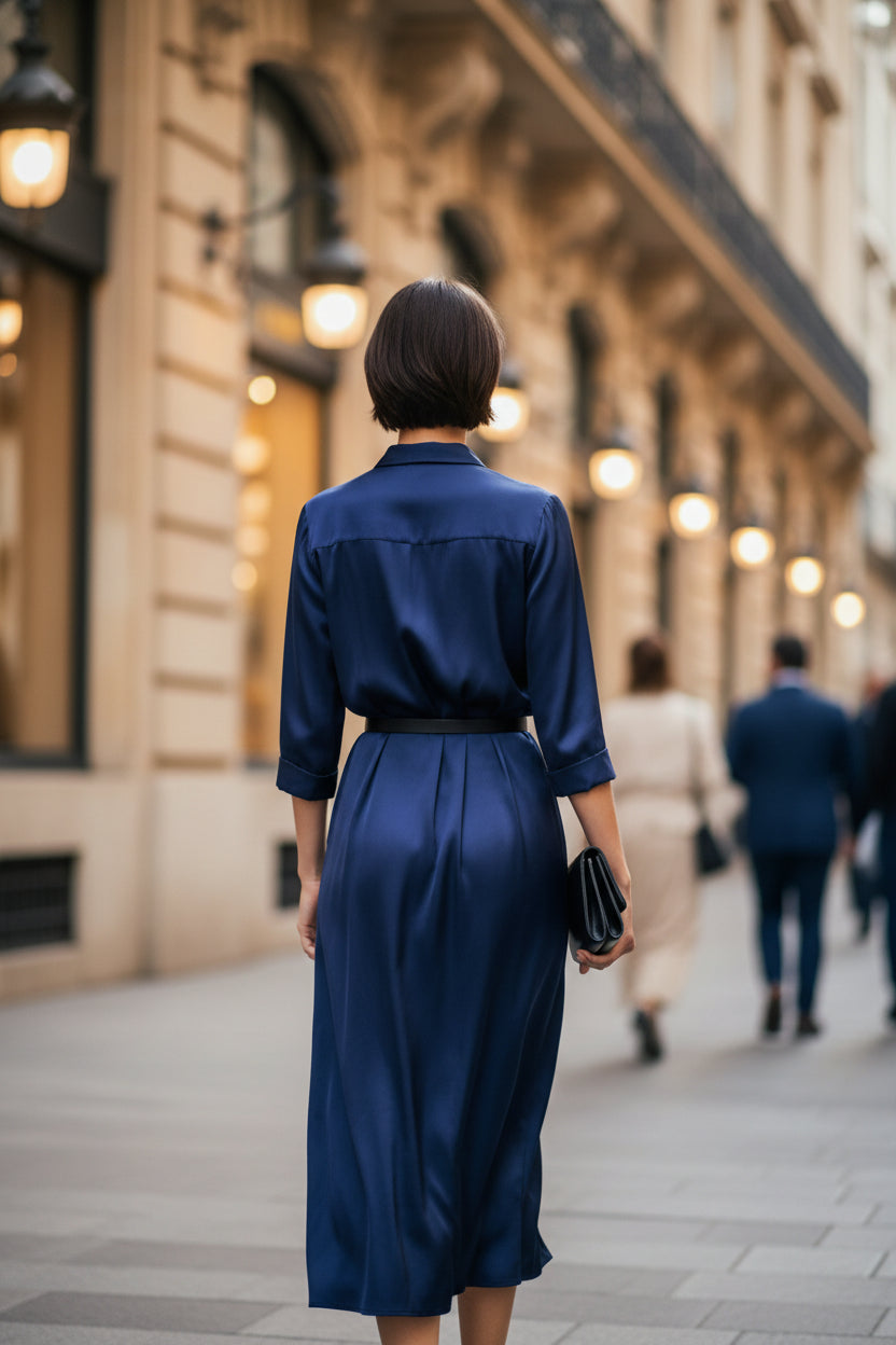 Women's slim-fit midi dress with lapel collar and half sleeves, casualwear from FitiqueFit, shown in a front view.