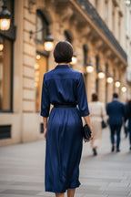 Women's slim-fit midi dress with lapel collar and half sleeves, casualwear from FitiqueFit, shown in a front view.
