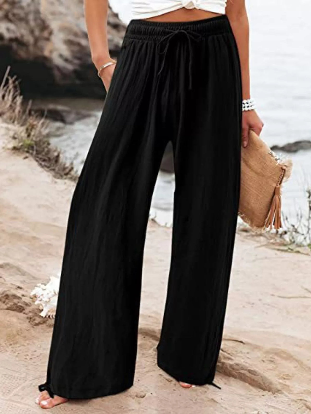 Plush Fashion Hub full size wide leg pants with drawstring waist, plus size, soft fabric and relaxed fit, shown on model.
