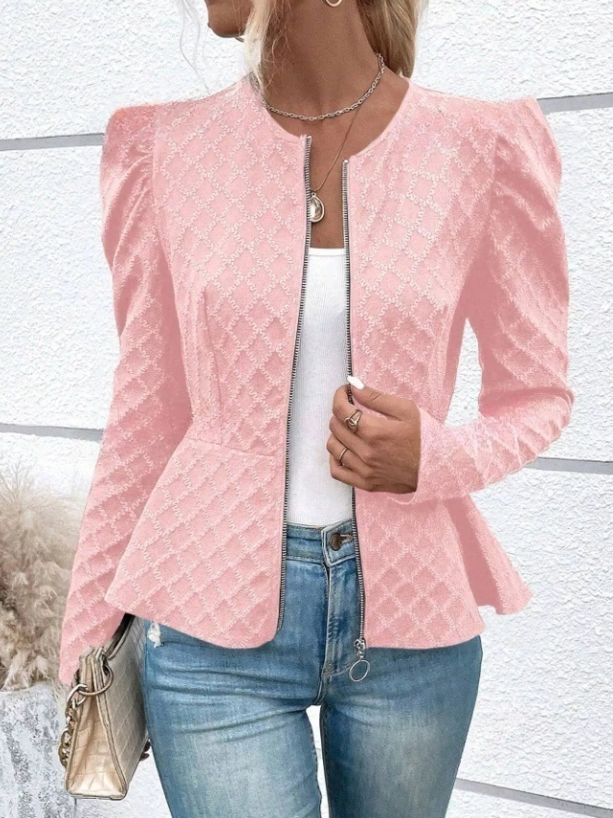 Women’s textured jacquard jacket with puff sleeves, stylish and lightweight, from Trendsi, perfect for a chic layered look.
