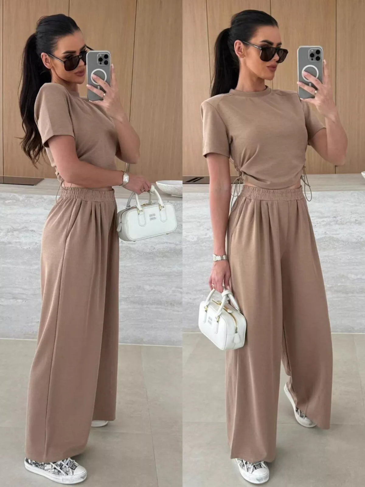 Drawstring crop top and wide-leg pants set by Plush Fashion Hub, featuring a stylish, coordinated casual outfit with comfortable fabric.
