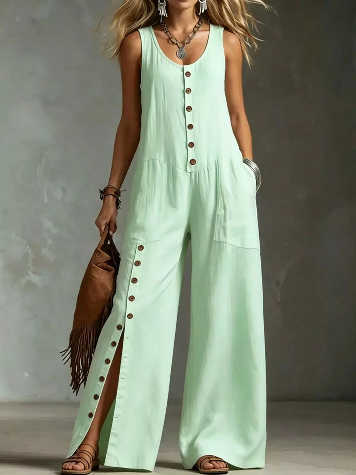 Plus size sleeveless button-front jumpsuit by Plush Fashion Hub featuring wide leg design and full-length style.