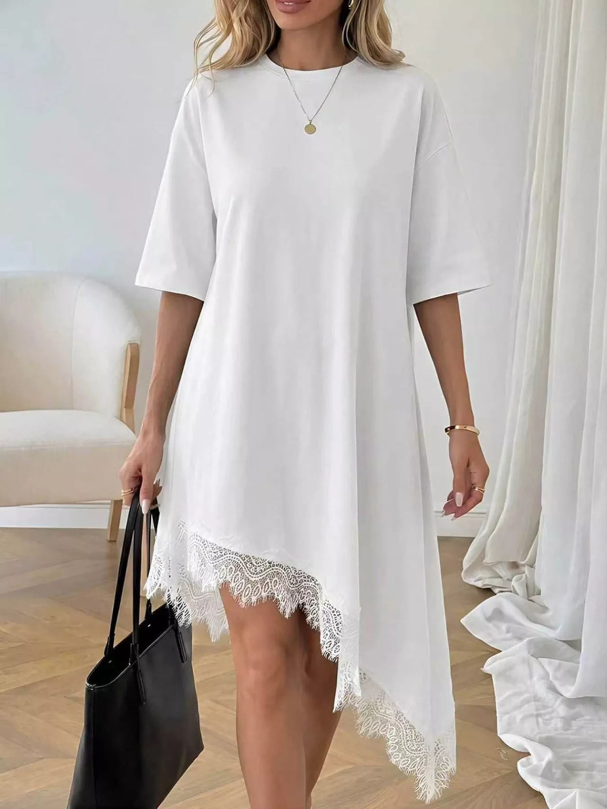 Plush Fashion Hub lace trim asymmetrical hem T-shirt dress, casual shirt dress with decorative lace details and relaxed fit.