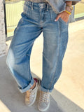 Washed cuffed barrel leg jeans with vintage relaxed fit, denim bottoms from Trendsi featuring distressed details and rolled cuffs.