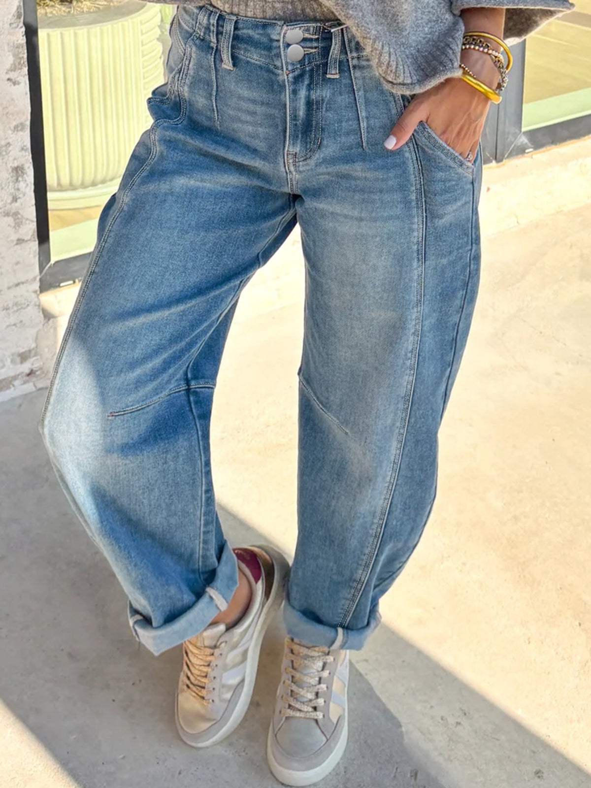 Washed cuffed barrel leg jeans by Plush Fashion Hub, vintage relaxed fit denim bottoms with distressed details and rolled cuffs.