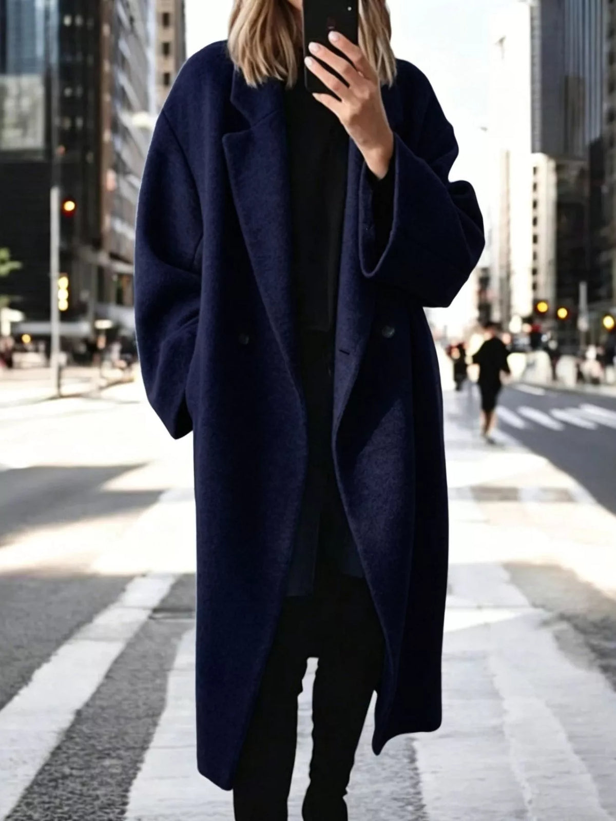 Plus size longline wool blend coat with lapel collar, casualwear style, showcasing the full-length silhouette and cozy fabric.