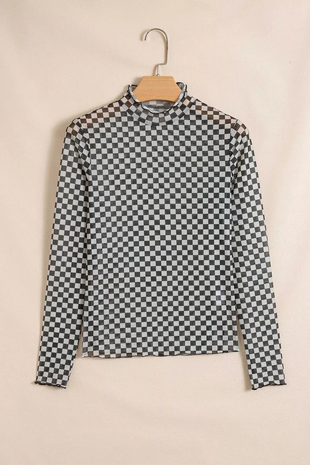 Plaid stand neck long sleeve mesh top by Plush Fashion Hub featuring a stylish plaid pattern and sheer mesh fabric.