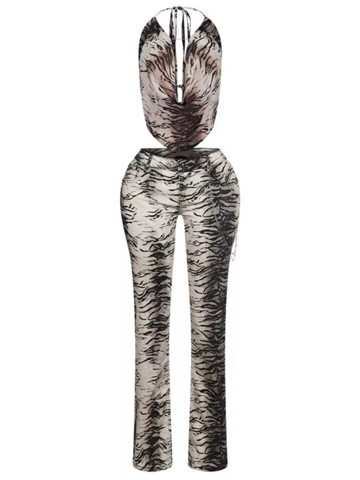 Women's animal print sleeveless top and pants set by Trendsi, featuring stylish, lightweight fabric and a bold print design.