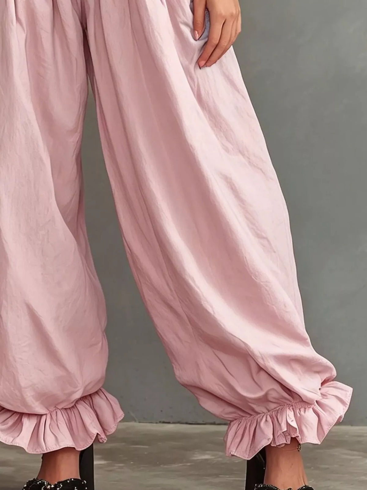 Plus size full smocked ruffle hem wide-leg pants by Plush Fashion Hub, featuring a flowy silhouette and stylish ruffle details.