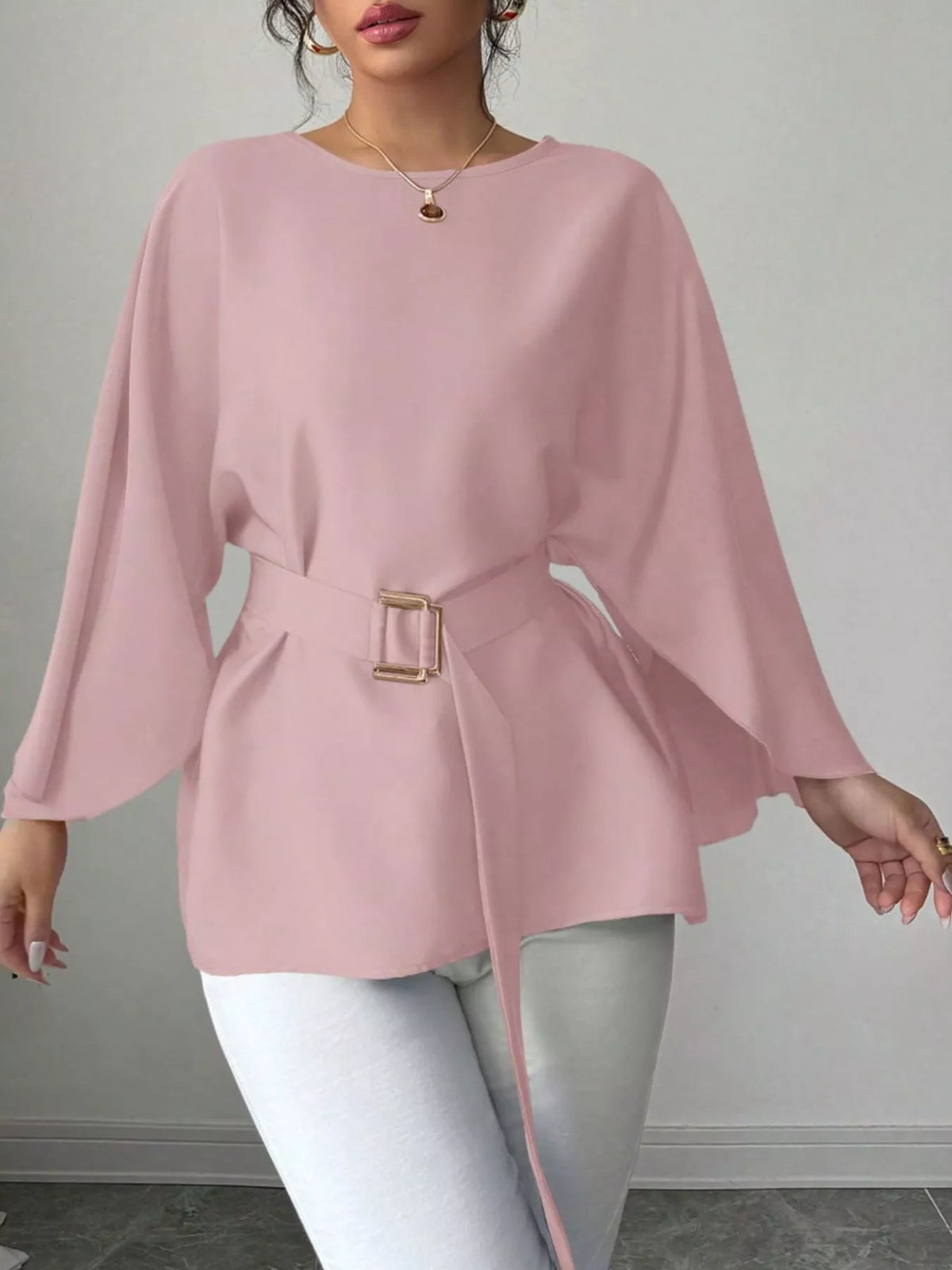 Batwing sleeve belted blouse from Plush Fashion Hub, stylish tops with flowing sleeves and a waist belt, in a chic, modern design.