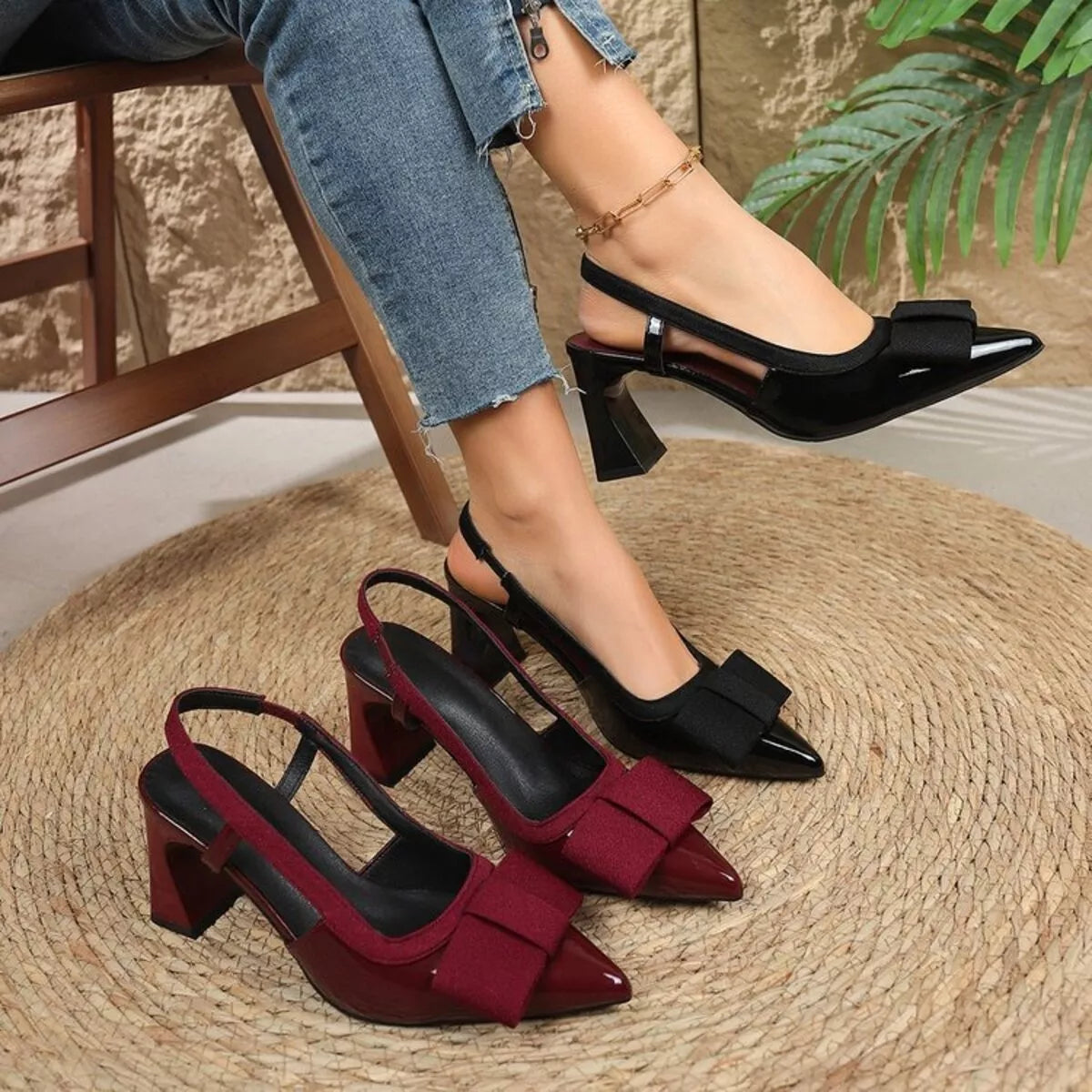 Point toe block heels slingback sandals from Trendsi, featuring a sleek design with open toes and comfortable block heels.