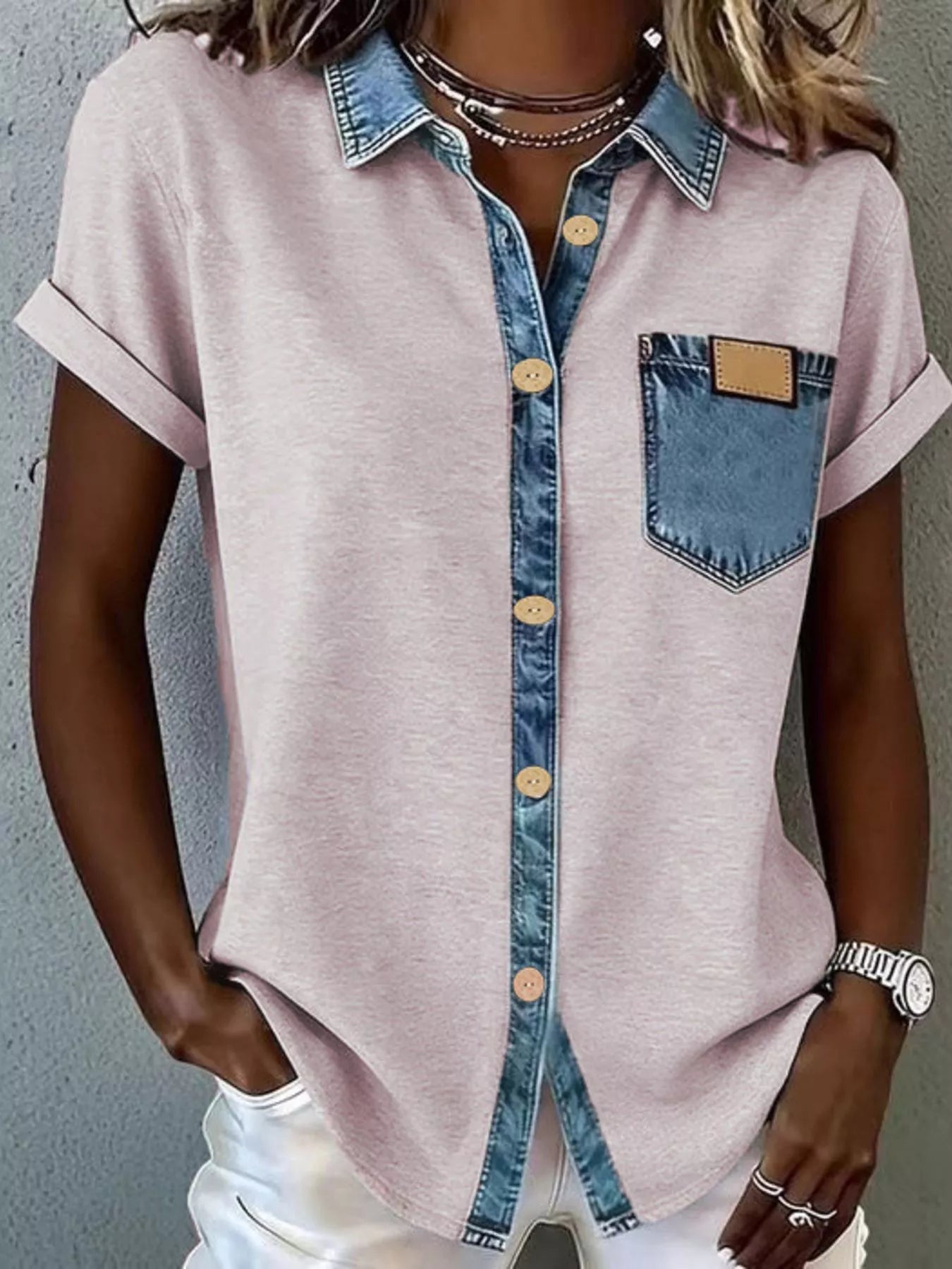 Denim trim short sleeve shirt from Trendsi, casual tops with denim accents and a classic fit, shown on a model.