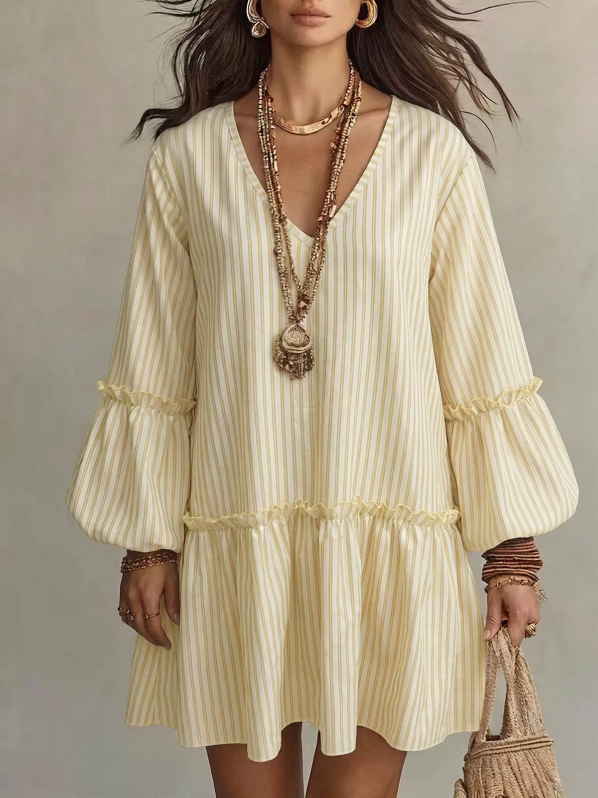 Plus size striped balloon sleeve mini dress by Trendsi, featuring a stylish mini length and comfortable fit for full-figure fashion.