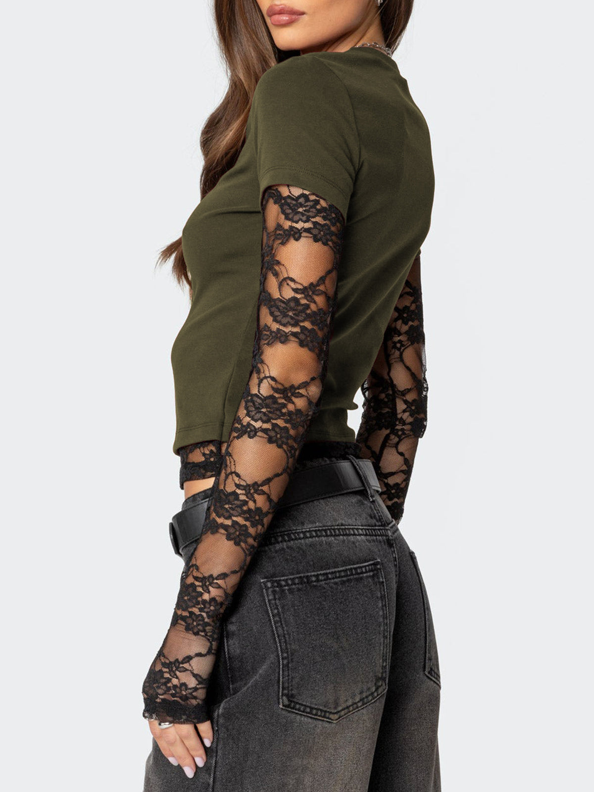 Women's fitted casual T-shirt with lace sleeves by Plush Fashion Hub, showcasing a stylish and comfortable design.
