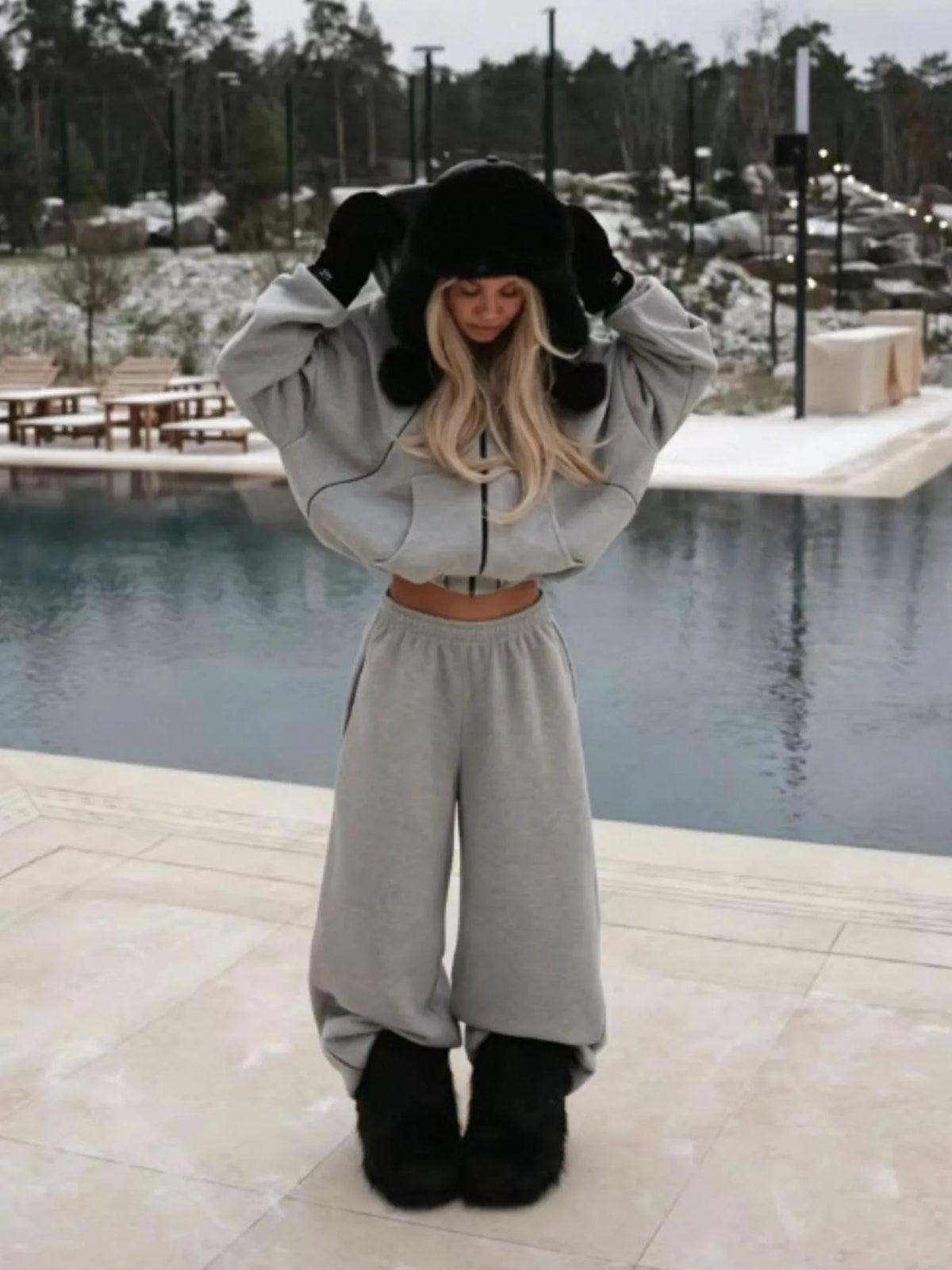 Trendsi cropped zip-up hoodie and wide-leg sweatpants lounge set, soft fabric, casual fit, in neutral color, perfect for relaxed wear.