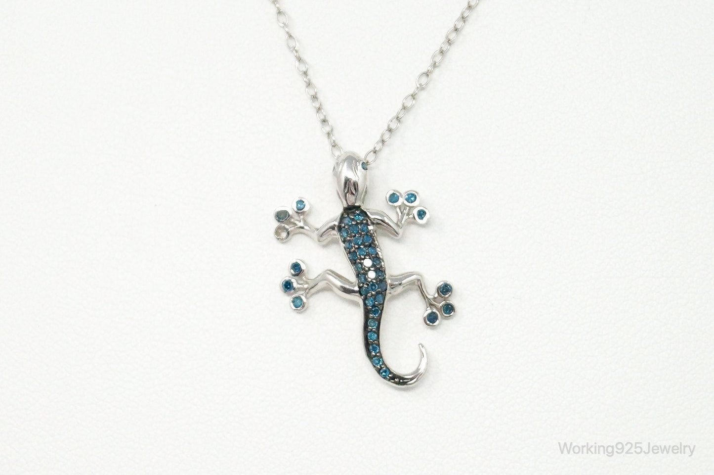 Blue Diamonds Gecko Sterling Silver Necklace Working 925 Jewelry