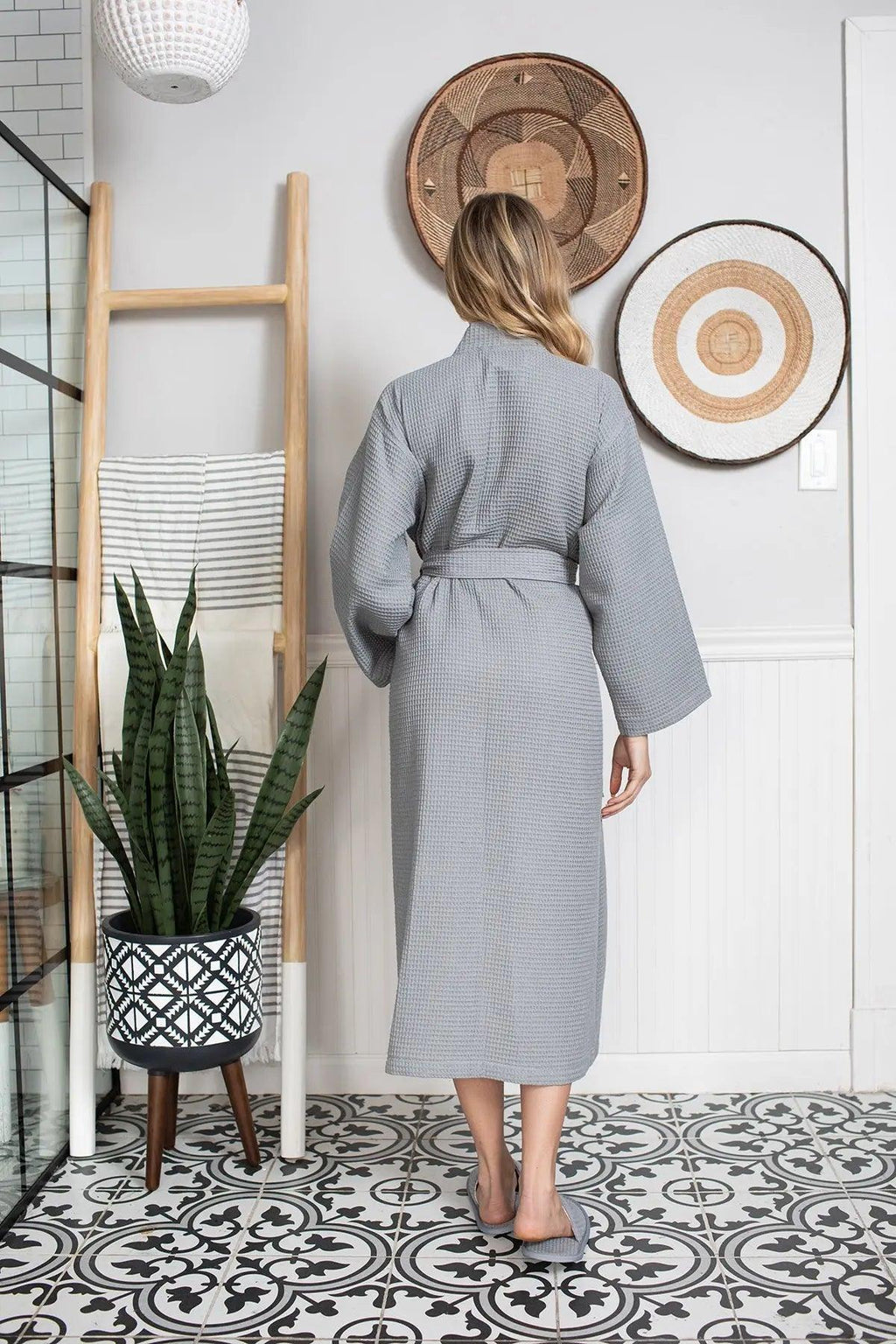 Lightweight Lotus Linen women's waffle robe with quick-dry spa comfort, shown in eco-friendly fabric.