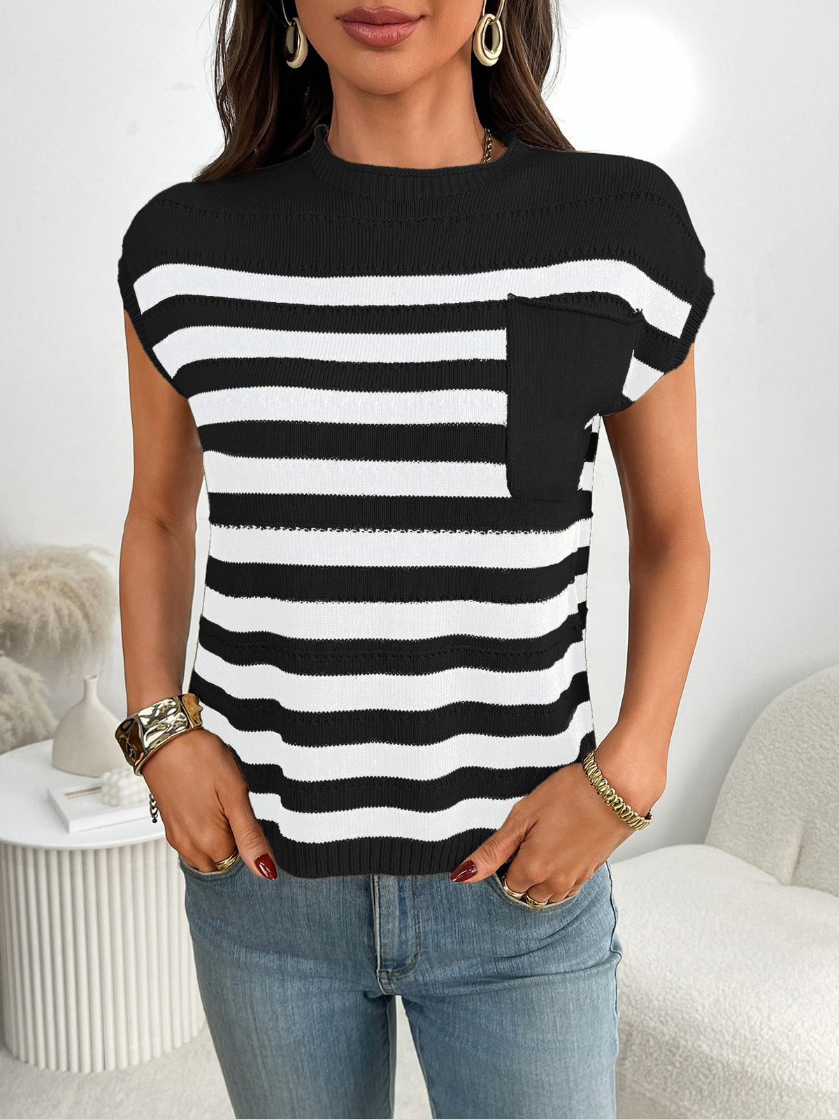 Women’s striped knit cap sleeve sweater with pocket detail, plush fabric, and stylish outerwear from Plush Fashion Hub.