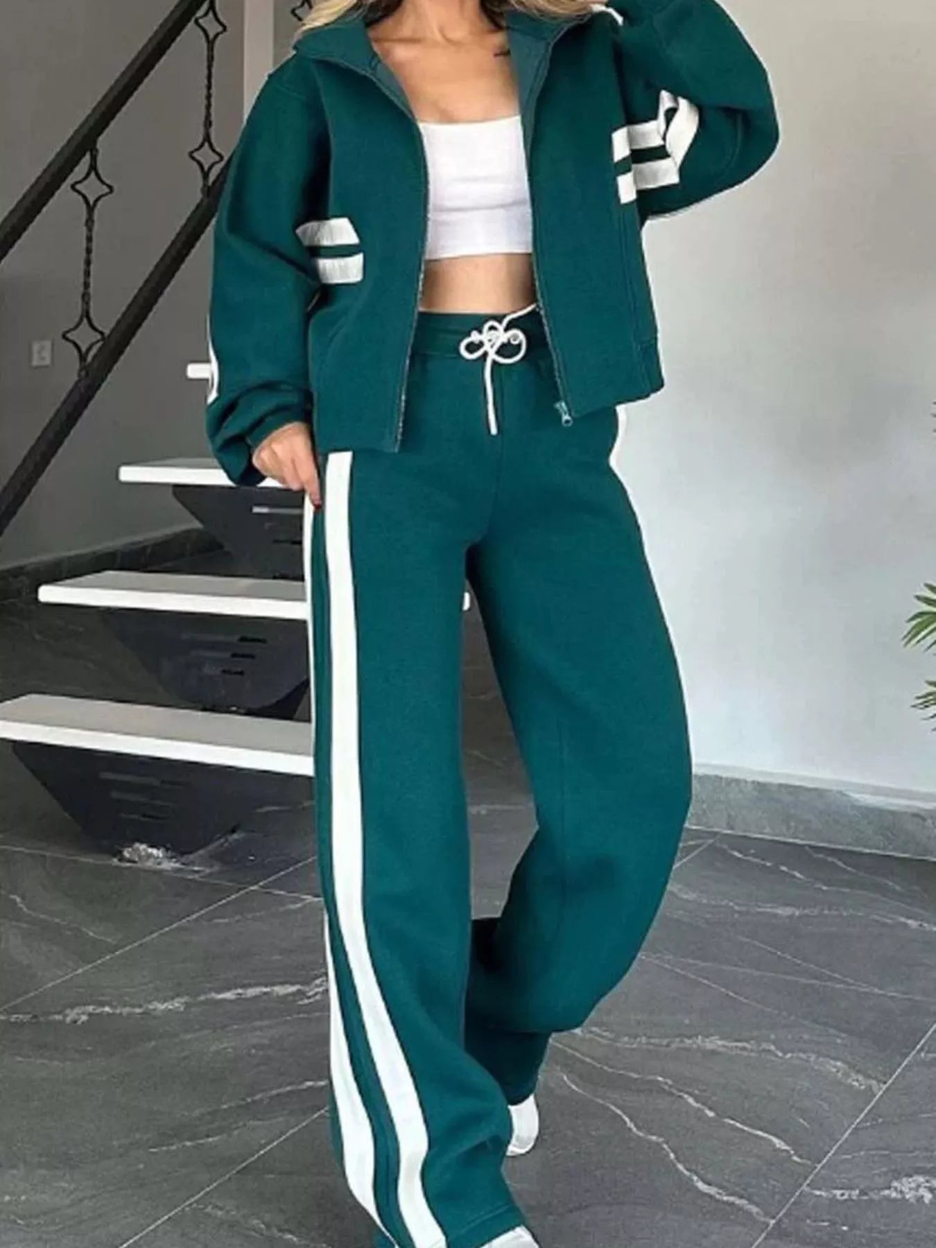 Plus size contrast stripe zip-up jacket and pants set from Plush Fashion Hub, activewear with bold stripe details and comfortable fit.