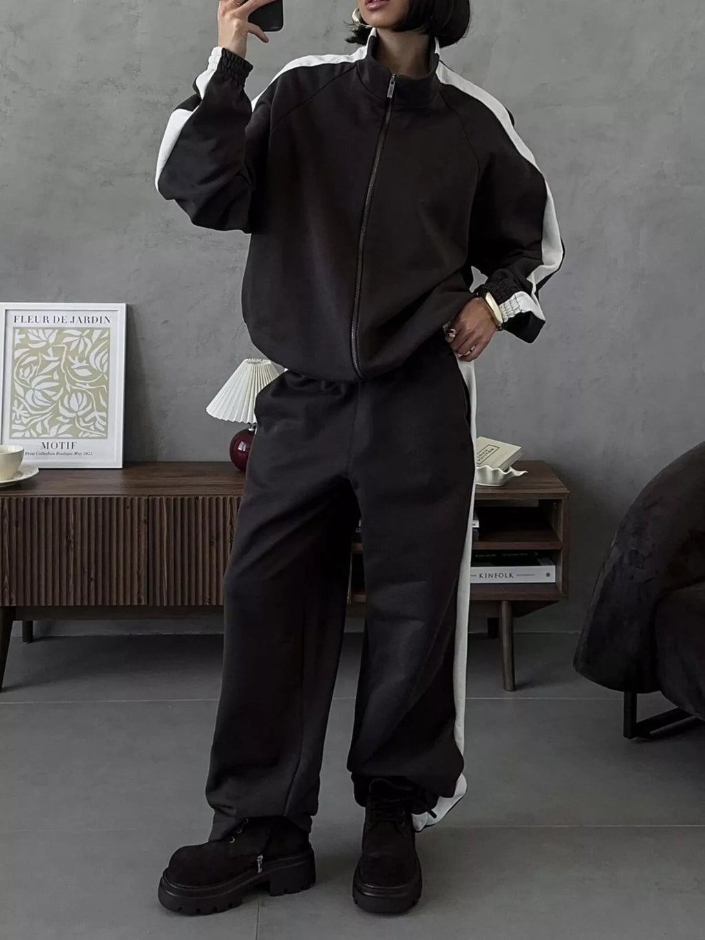 Trendsi zip-up long sleeve tracksuit set with matching pants, comfortable athletic outerwear for casual or active wear.