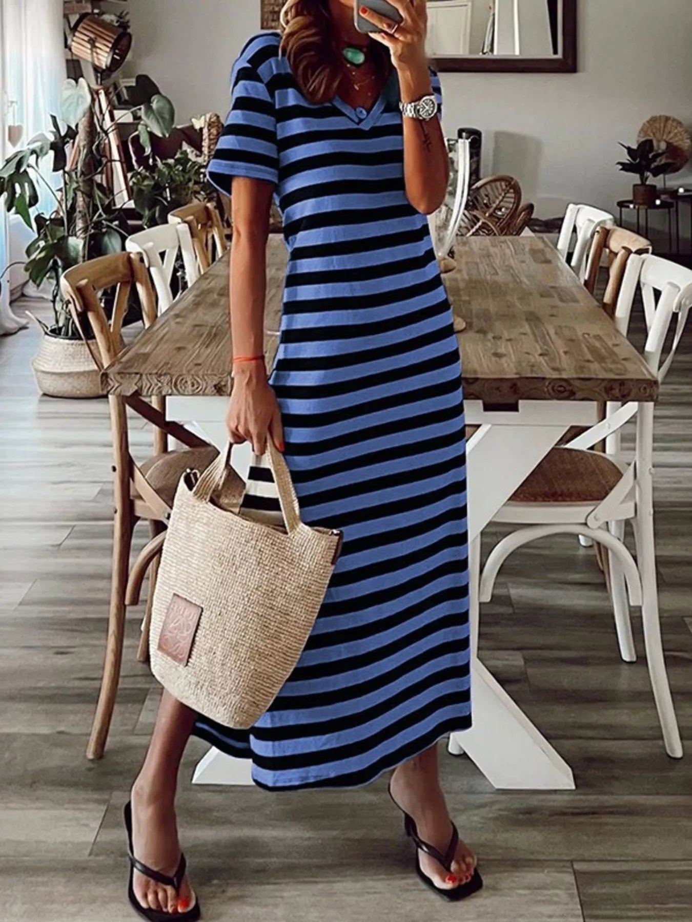 Plus size striped V-neck midi dress with side slit, stylish and comfortable, by Trendsi.