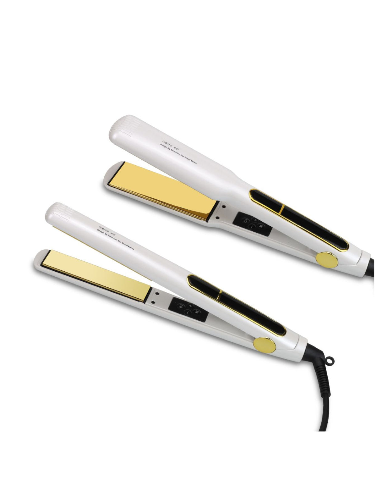 Plush Fashion Hub professional 2-in-1 hair straightener and curling iron with sleek black design and digital temperature control.