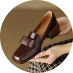 Women's plush fashion hub cowhide square toe chunky heel pumps with floral detail, perfect for stylish commuter footwear.