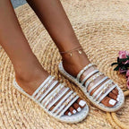 Large size women's straw sandals with thick hemp rope soles, rhinestone accents, and open toe design by LadyShow.Store.
