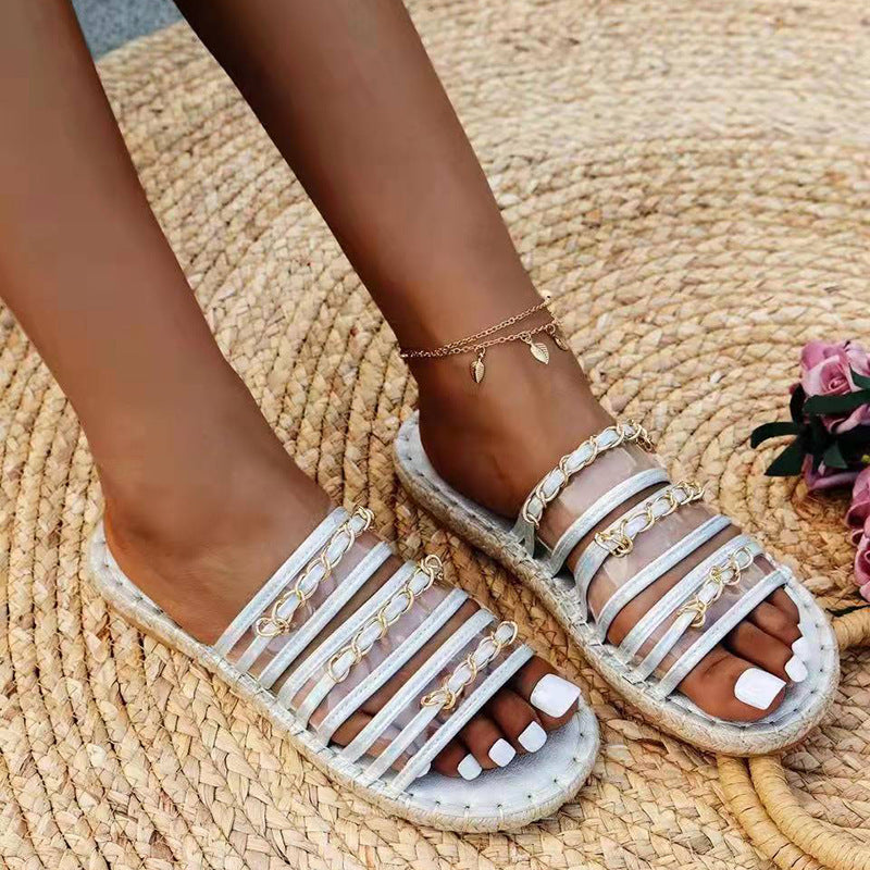 Large size women's straw sandals with thick hemp rope soles, rhinestone accents, and open toe design by LadyShow.Store.
