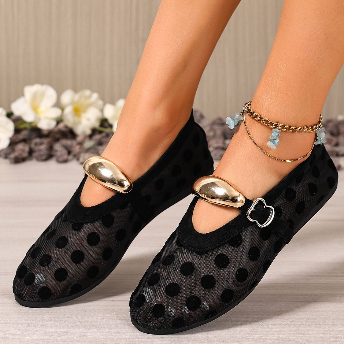 Women's polka dot mesh slip-on lightweight casual walking shoes by Plush Fashion Hub, featuring breathable mesh and comfortable design.