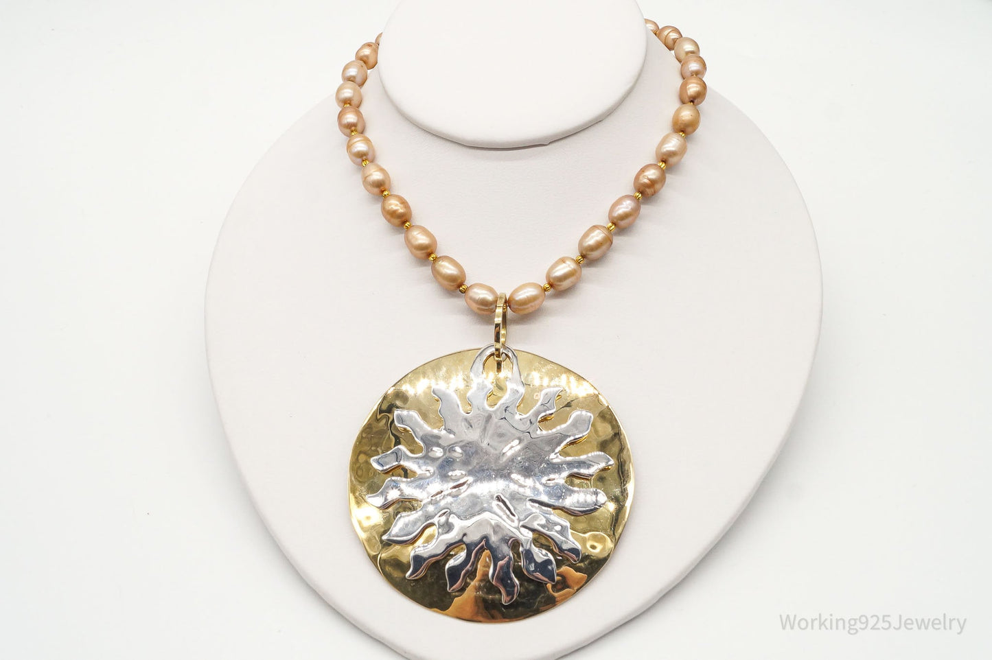 Designer RLM Studio Hammered Sun Pearl Bead Brass Sterling Silver Necklace Working 925 Jewelry