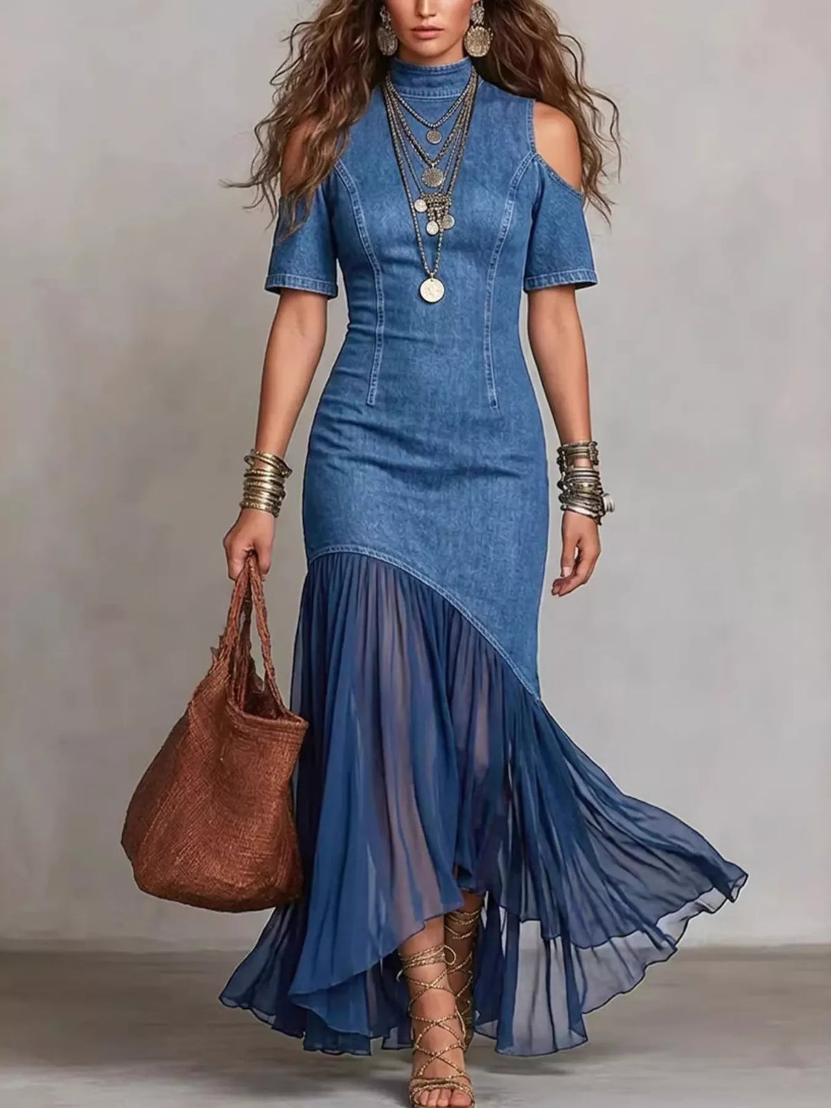 Plush Fashion Hub mock neck cold shoulder maxi dress with ruffle hem, featuring a stylish design and flowing silhouette.