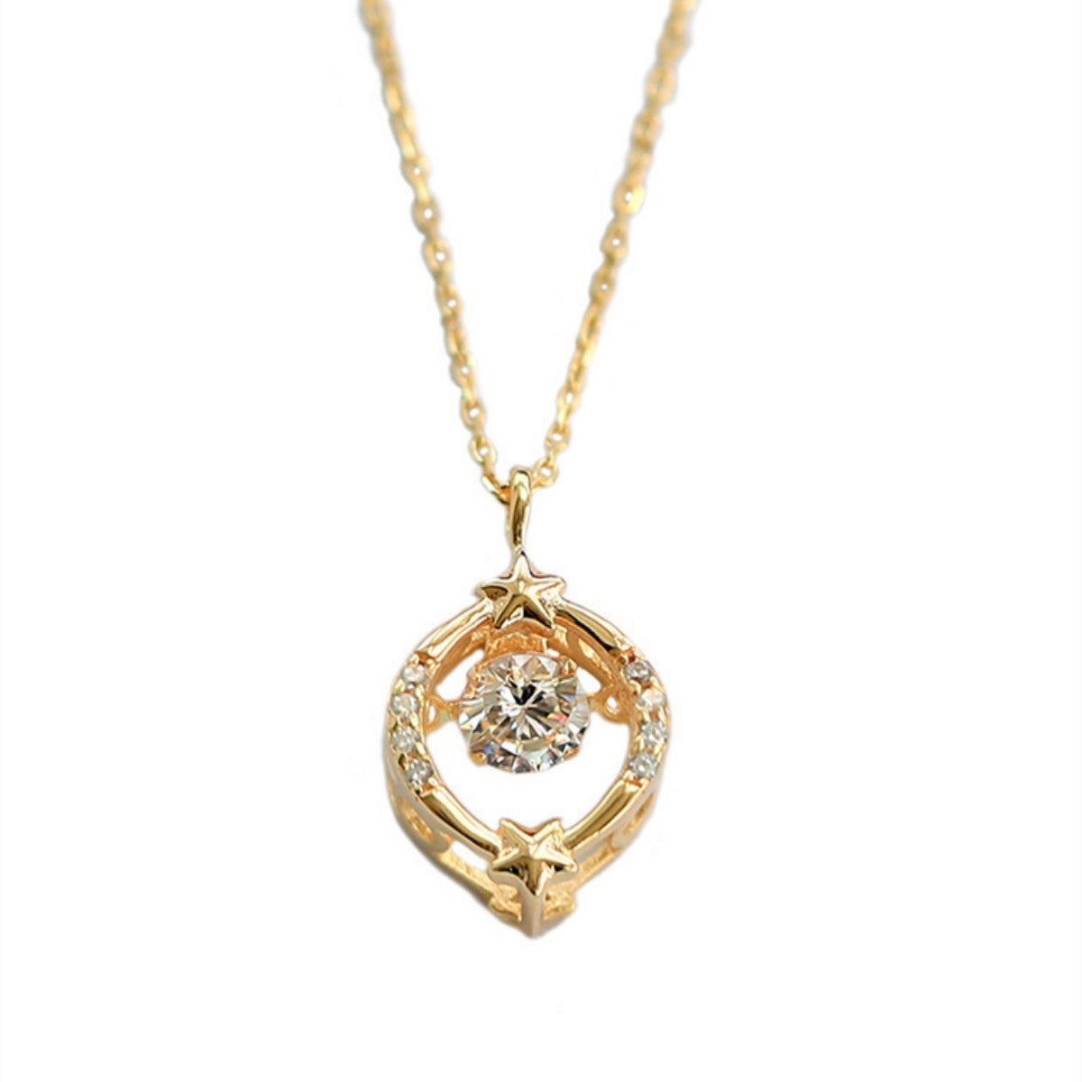 18K gold-plated zircon star and circle pendant necklace with delicate chain, featuring a shiny star and circular design.